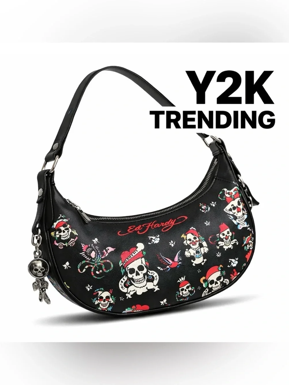 Ed Hardy Black Shoulder Bag with Red & White Skull Print